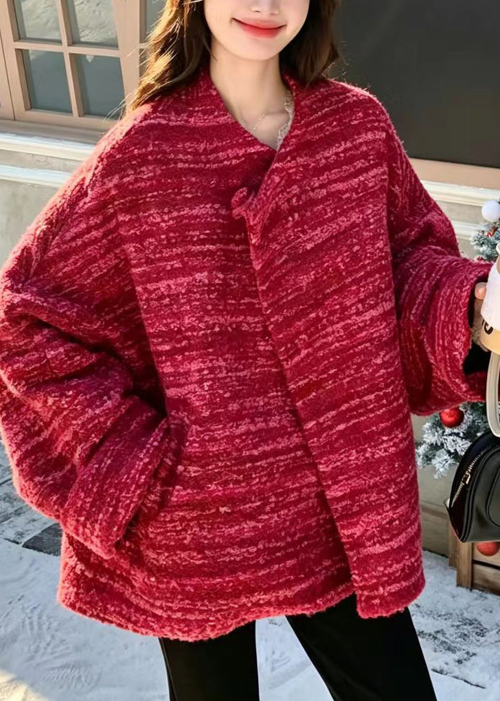 Loose Rose Striped Woolen Cotton Filled Coat Winter