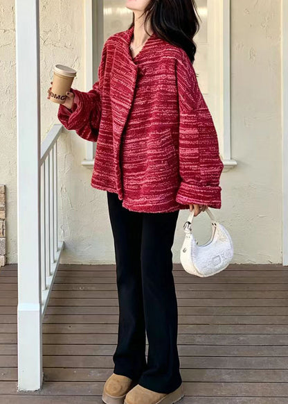 Loose Rose Striped Woolen Cotton Filled Coat Winter