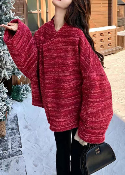 Loose Rose Striped Woolen Cotton Filled Coat Winter