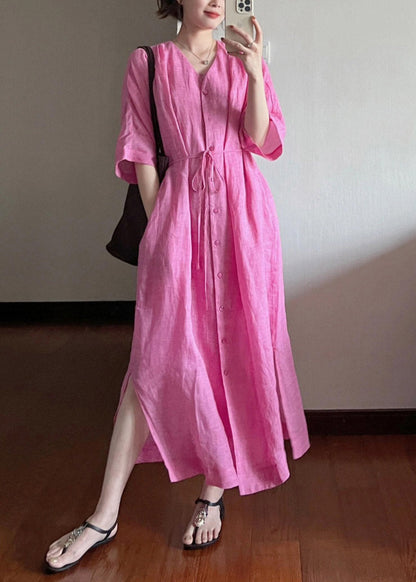 Loose Rose V Neck Button Cotton Long Dresses Summer