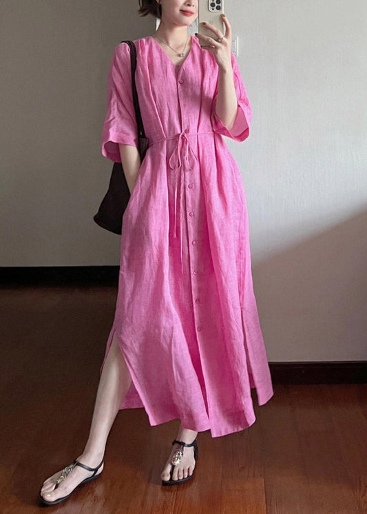Loose Rose V Neck Button Cotton Long Dresses Summer
