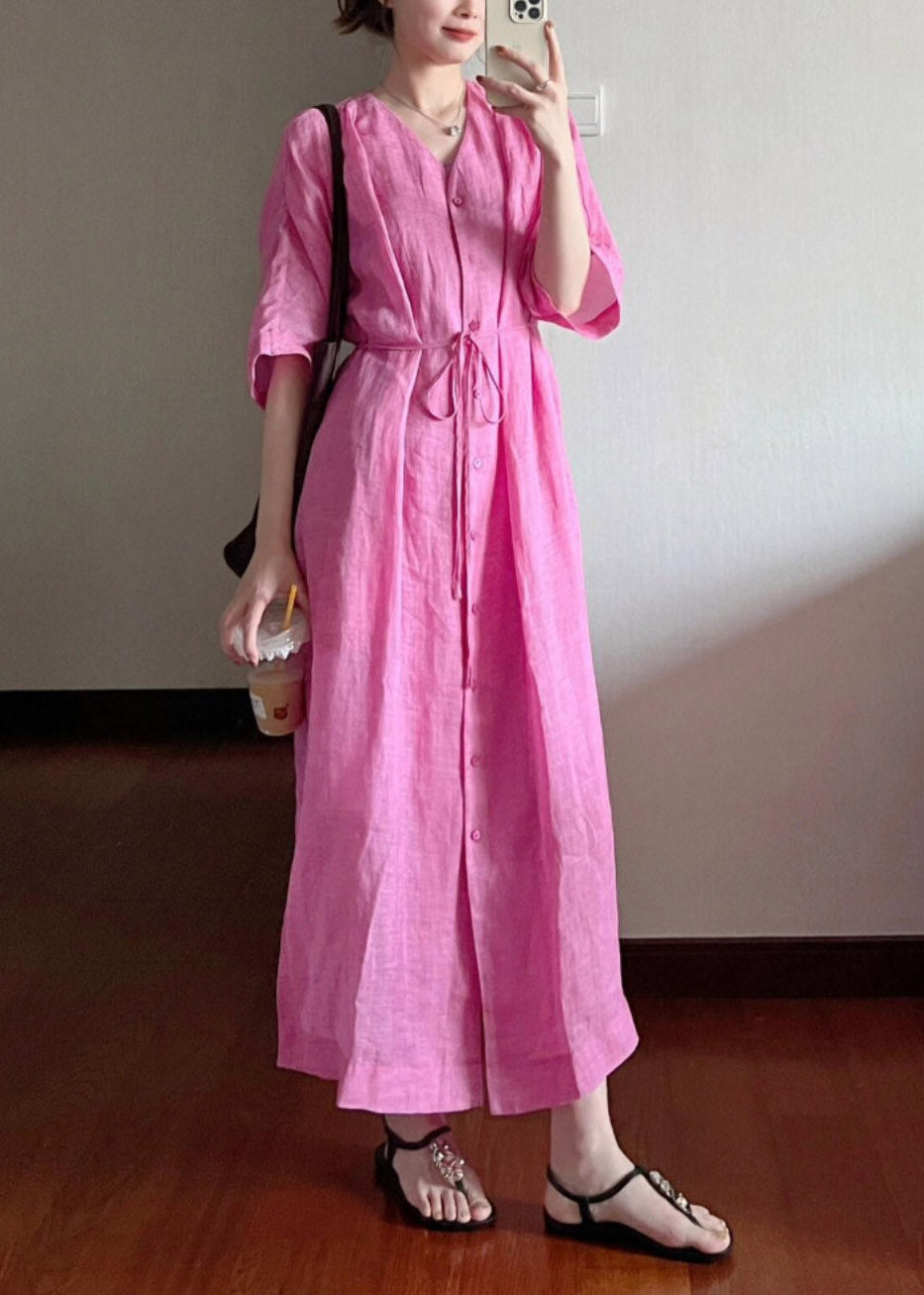 Loose Rose V Neck Button Cotton Long Dresses Summer
