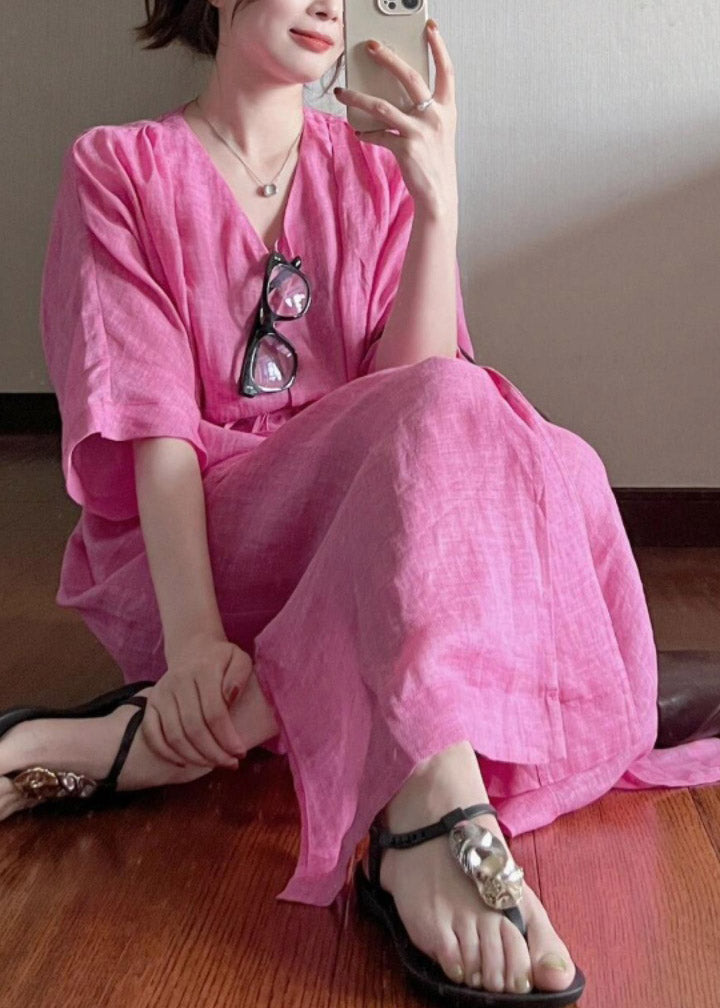 Loose Rose V Neck Button Cotton Long Dresses Summer