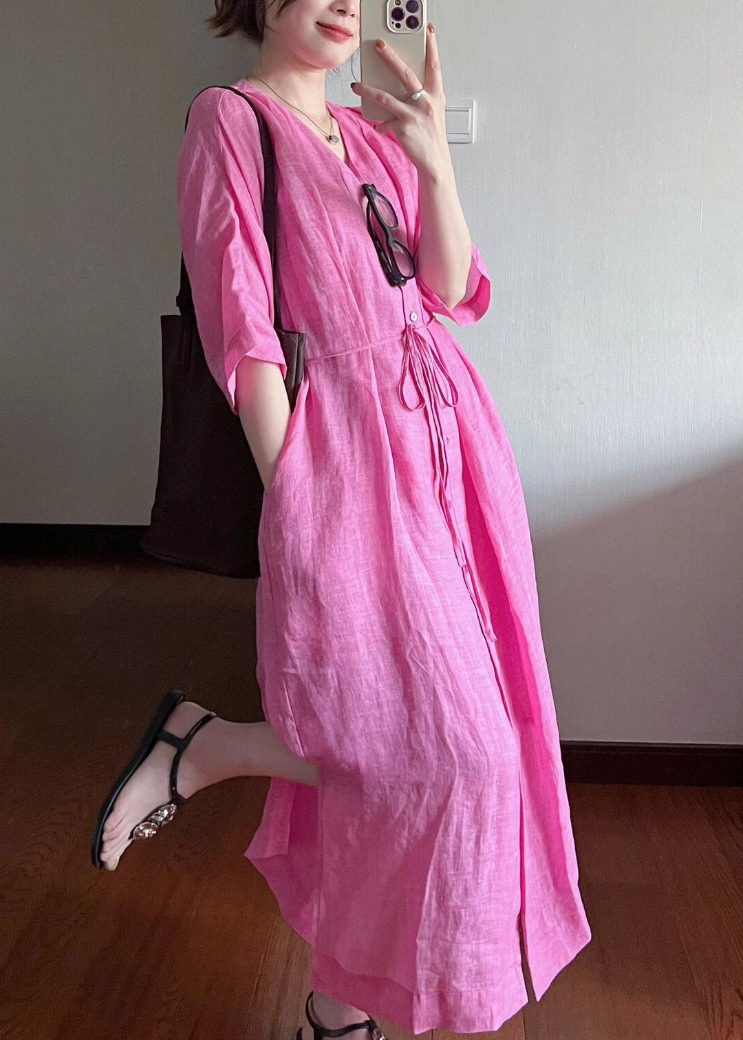 Loose Rose V Neck Button Cotton Long Dresses Summer