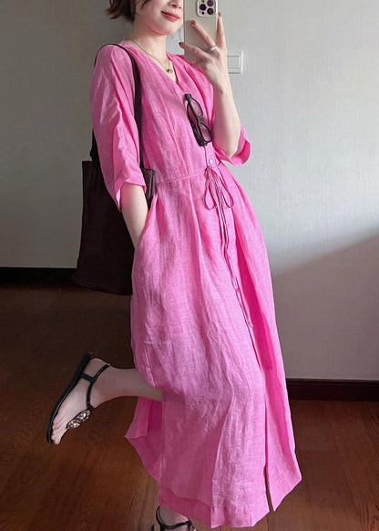 Loose Rose V Neck Button Cotton Long Dresses Summer