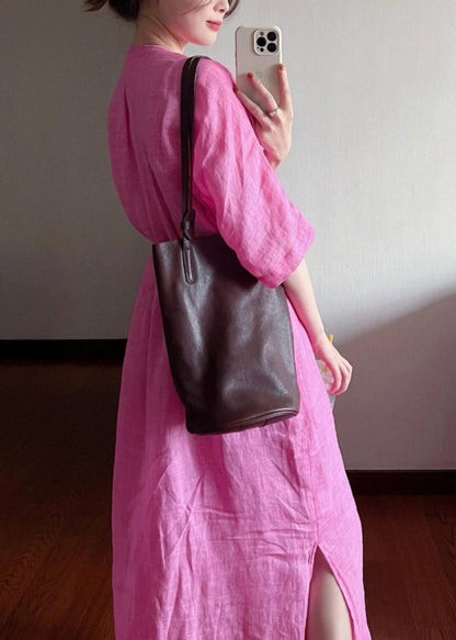 Loose Rose V Neck Button Cotton Long Dresses Summer