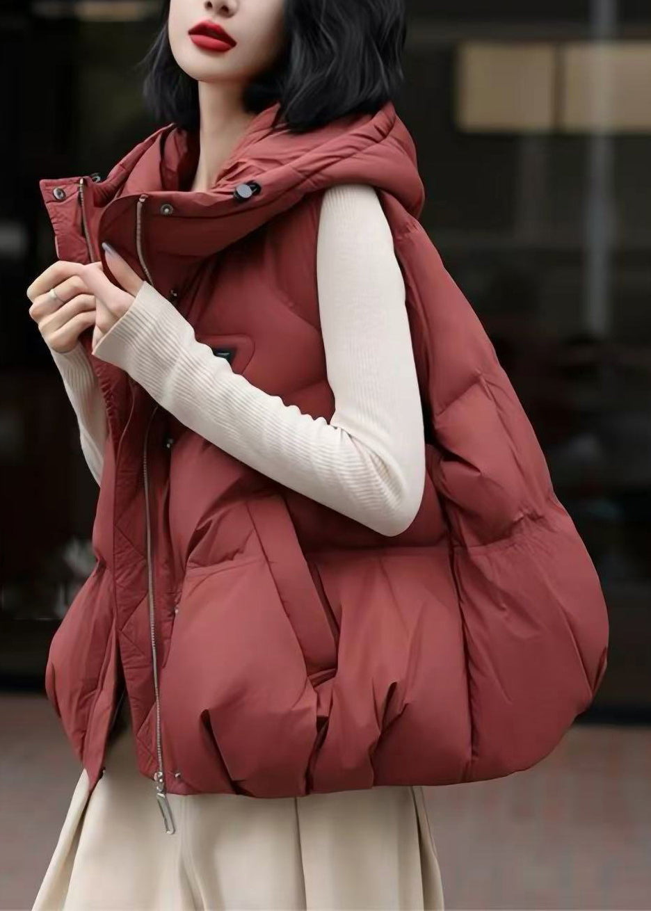Loose Rust Hooded Pockets Cotton Filled Waistcoat Winter