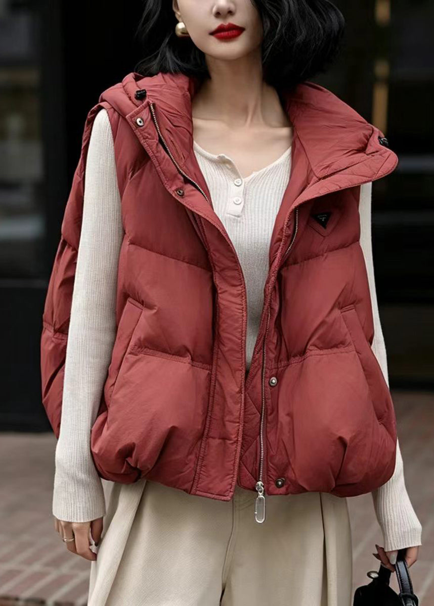 Loose Rust Hooded Pockets Cotton Filled Waistcoat Winter