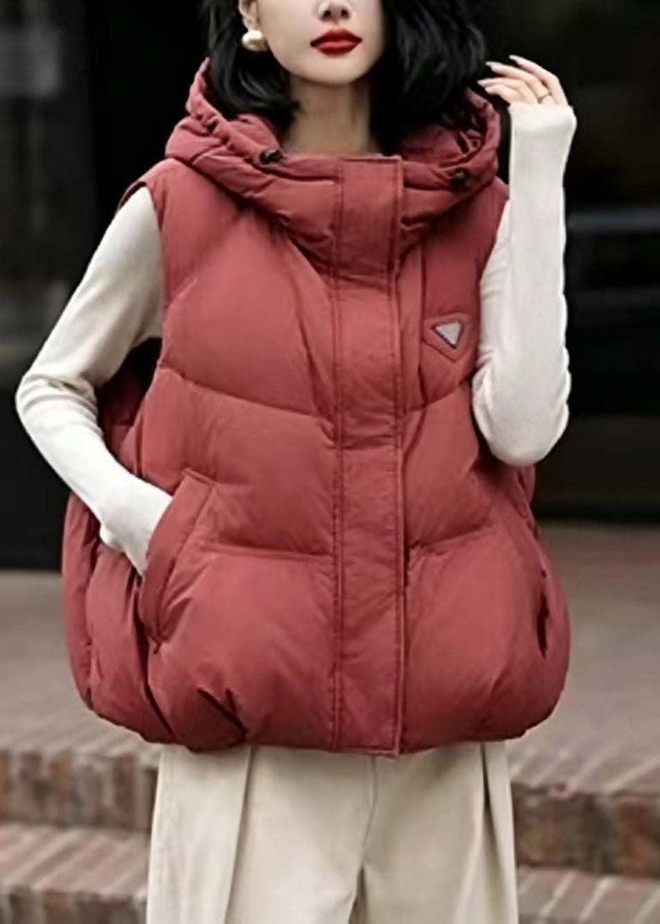 Loose Rust Hooded Pockets Cotton Filled Waistcoat Winter