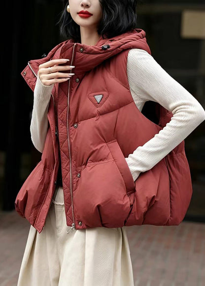 Loose Rust Hooded Pockets Cotton Filled Waistcoat Winter