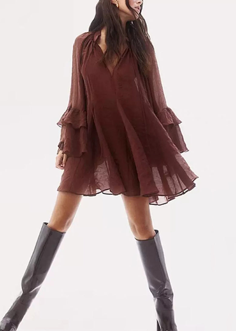 Loose Rust V Neck Tie Waist Cotton Mid Dress Fall