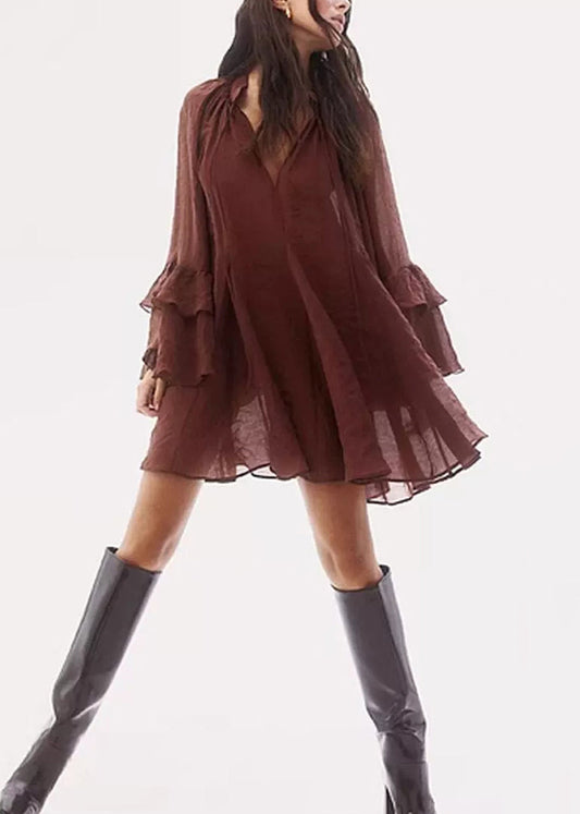 Loose Rust V Neck Tie Waist Cotton Mid Dress Fall