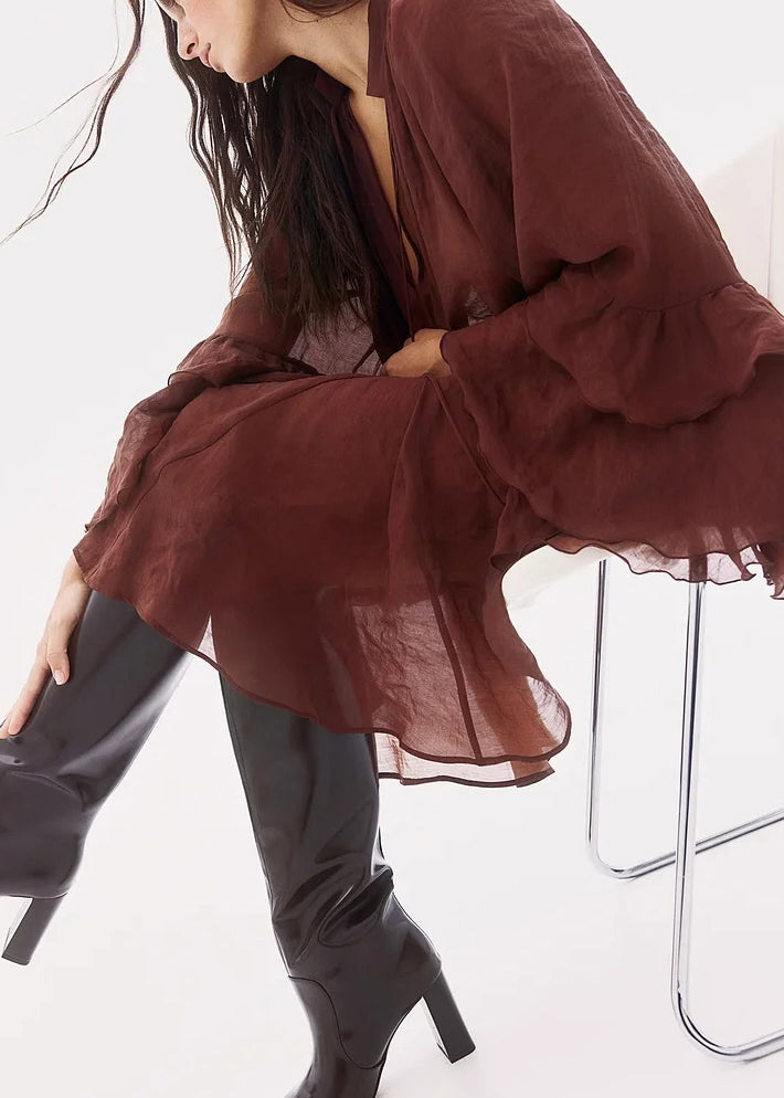 Loose Rust V Neck Tie Waist Cotton Mid Dress Fall