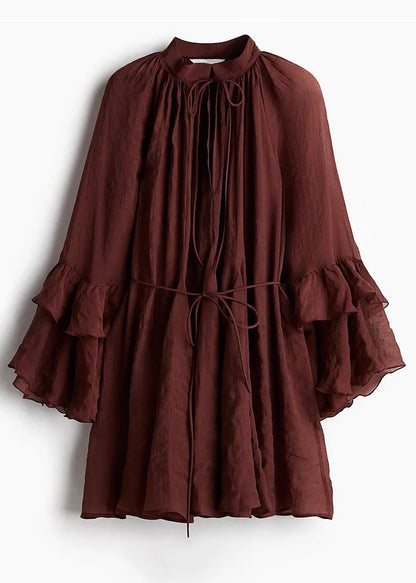 Loose Rust V Neck Tie Waist Cotton Mid Dress Fall