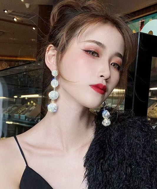 Loose Silk Alloy Zircon Rotundity Tassel Drop Earrings