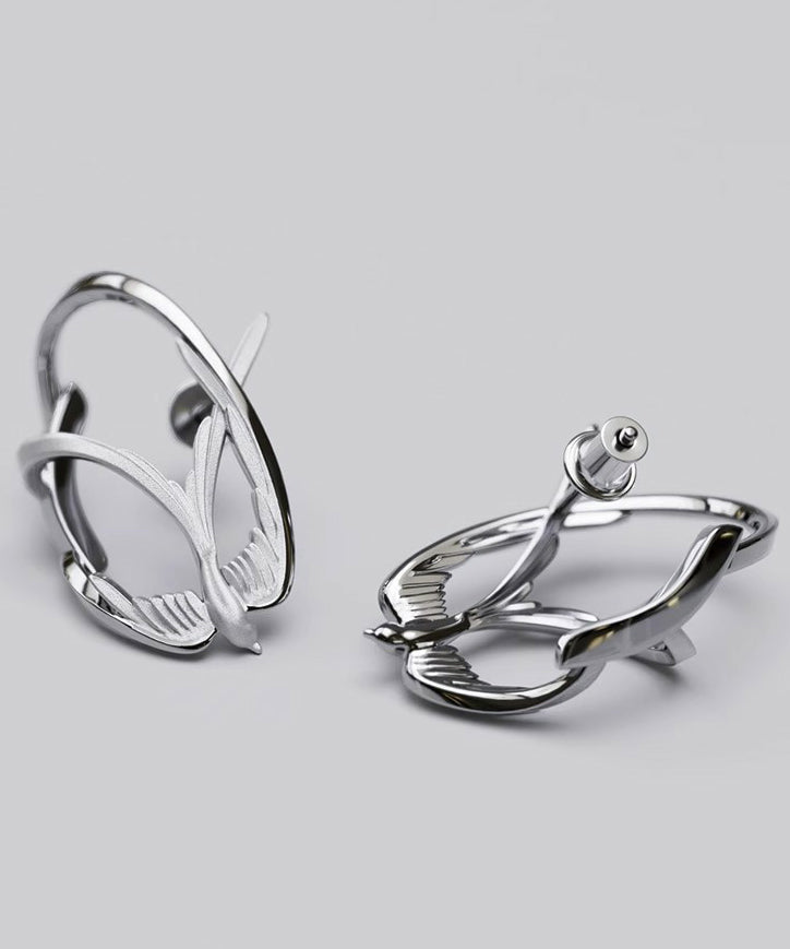 Loose Silk Sterling Silver Swallow Hollow Out Stud Earrings