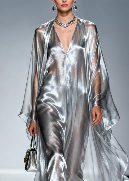 Loose Silver V Neck Asymmetrical Silk Robe Dresses Summer