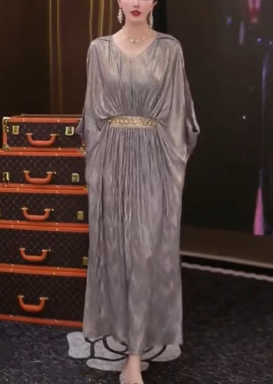 Loose Silver Wrinkled Side Open Patchwork Long Dresses Summer