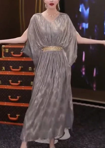 Loose Silver Wrinkled Side Open Patchwork Long Dresses Summer