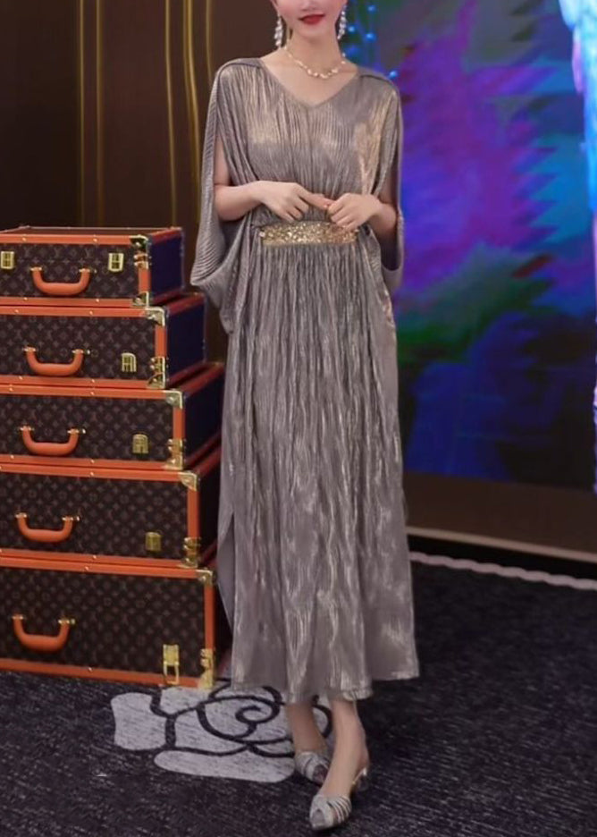 Loose Silver Wrinkled Side Open Patchwork Long Dresses Summer