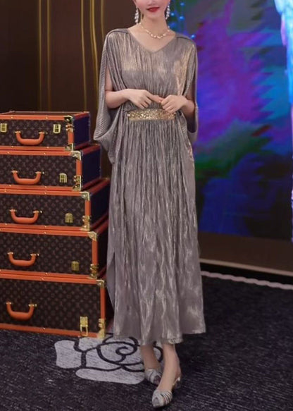 Loose Silver Wrinkled Side Open Patchwork Long Dresses Summer