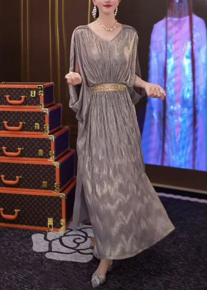 Loose Silver Wrinkled Side Open Patchwork Long Dresses Summer