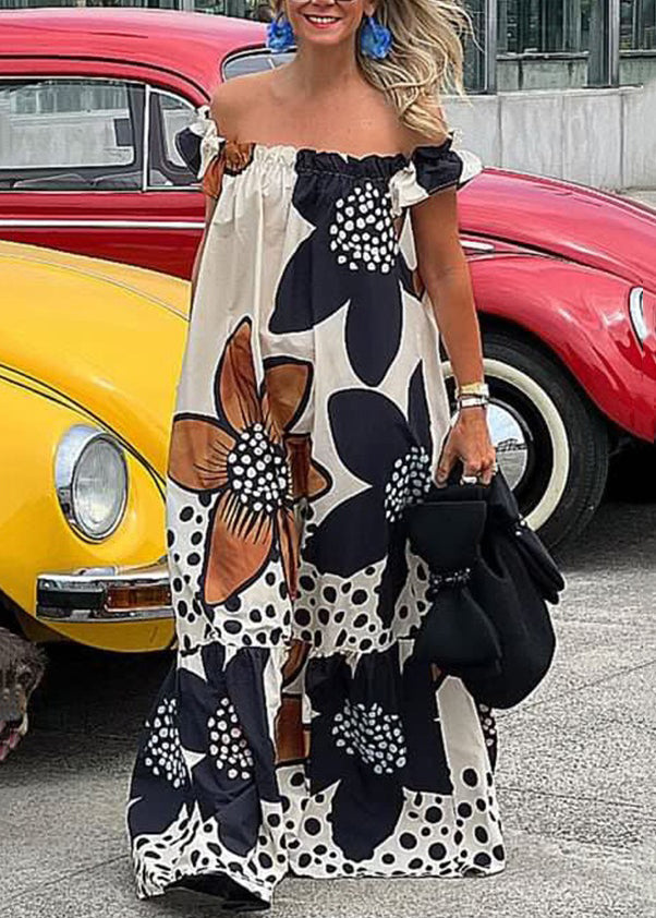 Loose Slash Neck Print Ruffled Cotton Maxi Dresses Summer