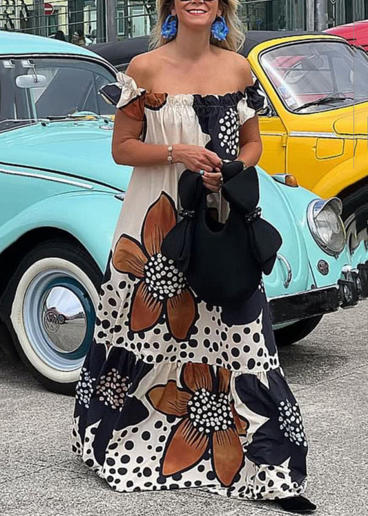 Loose Slash Neck Print Ruffled Cotton Maxi Dresses Summer