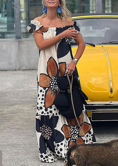 Loose Slash Neck Print Ruffled Cotton Maxi Dresses Summer