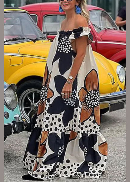 Loose Slash Neck Print Ruffled Cotton Maxi Dresses Summer