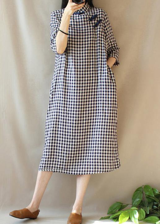 Loose Stand Collar Chinese Button Outfit Work Plaid Maxi Dresses - SooLinen