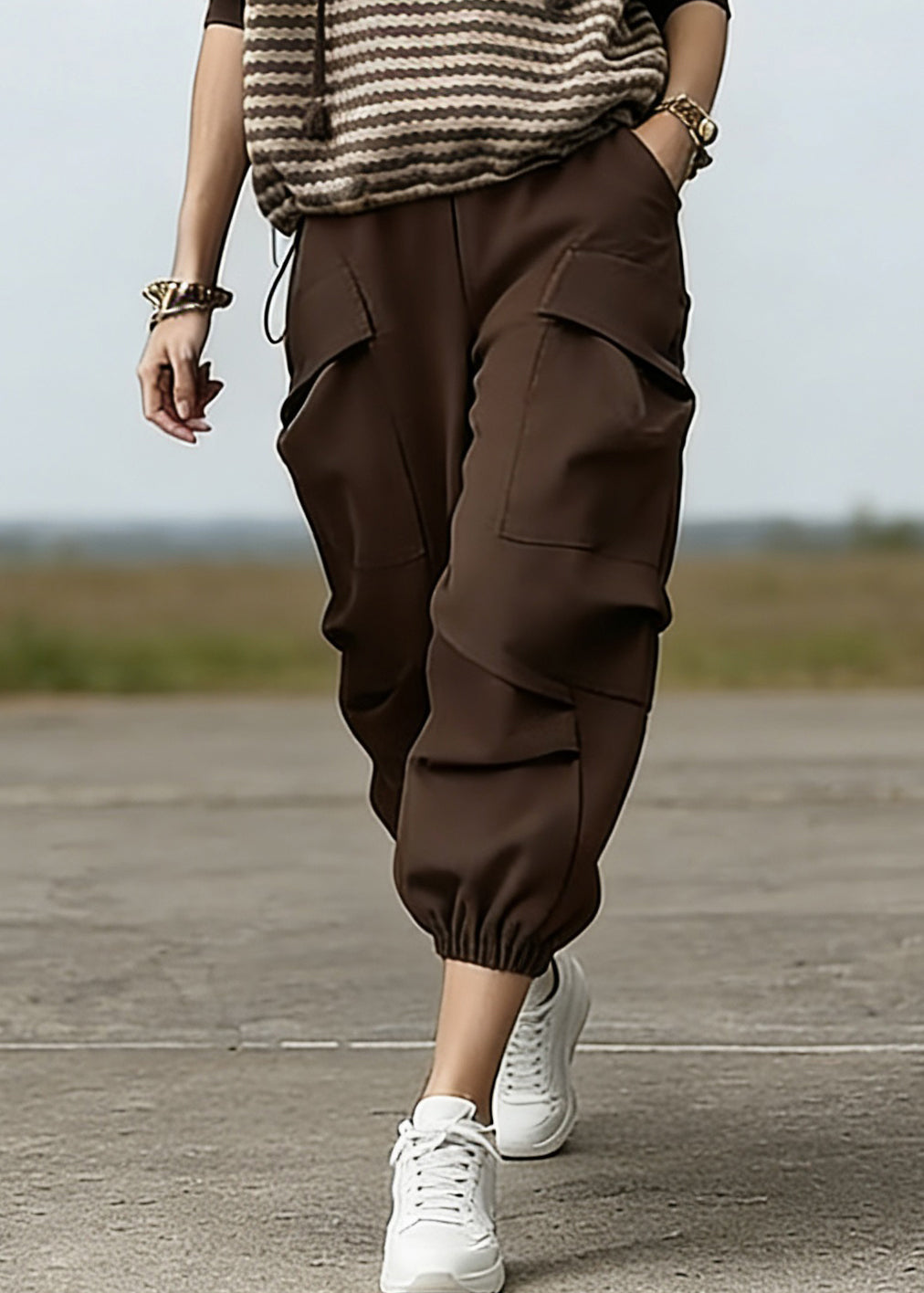 Loose Striped Drawstring Hooded Sweatshirt And Beam Pants Two Piece Set Spring