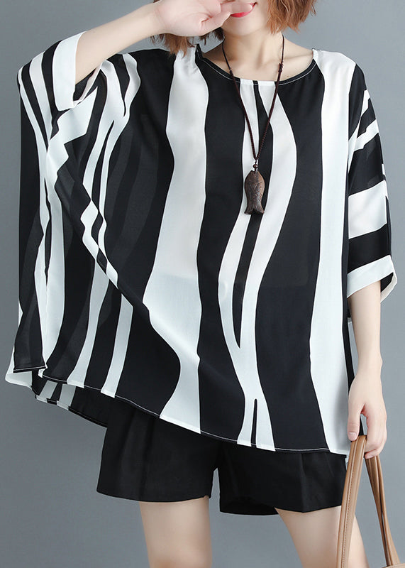 Loose Striped O Neck Chiffon T Shirt Batwing Sleeve