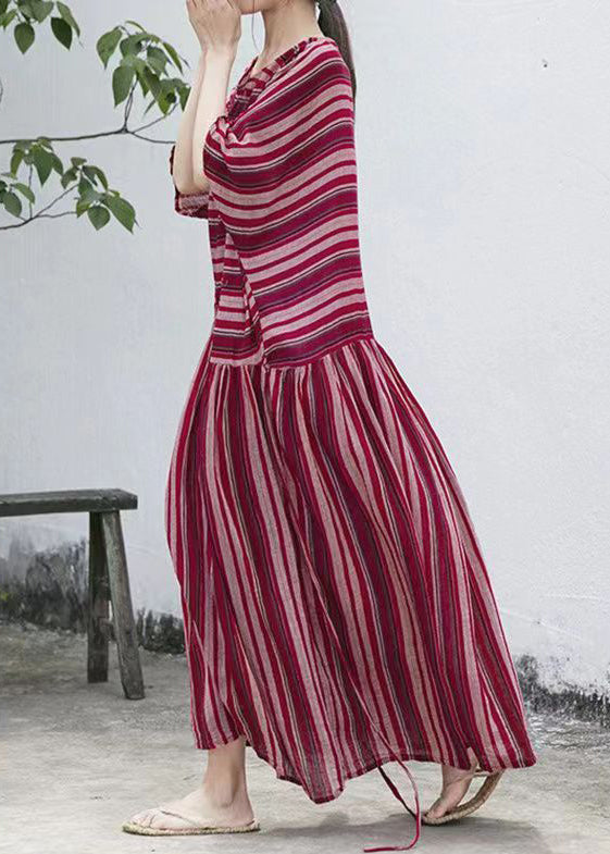 Loose Striped O-Neck Lace Up Cotton Long Dresses Batwing Sleeve