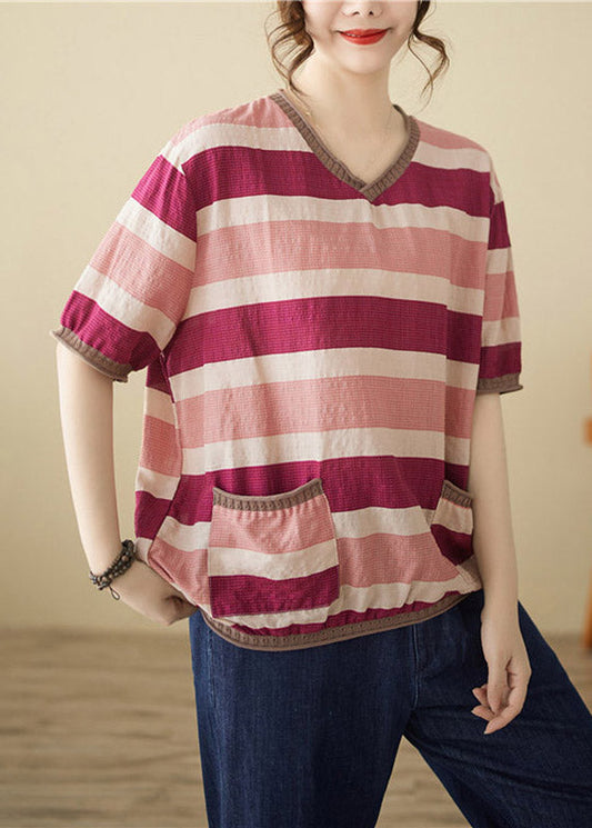 Loose Striped Patchwork O-Neck T Shirts Short Sleeve