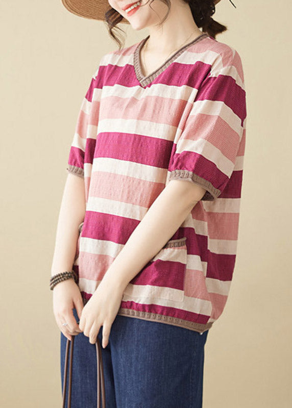 Loose Striped Patchwork O-Neck T Shirts Short Sleeve