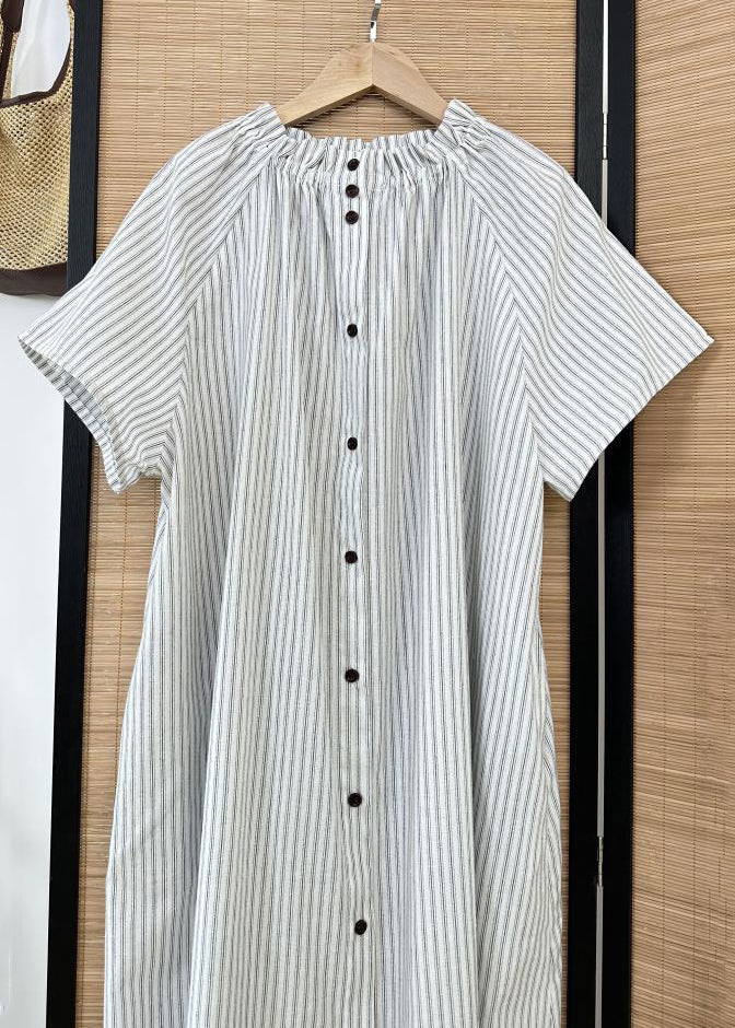 Loose Striped Ruffled Button Cotton Shirt Dress Summer