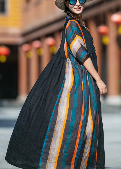 Loose Striped V Neck Ruffled Patchwork Cotton Long Dresses Summer