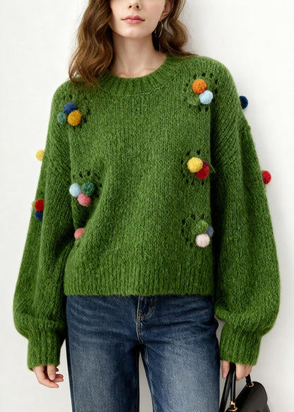 Loose Tea Green Fuzzy Ball Decorated Hollow Out Knit Pullover Winter