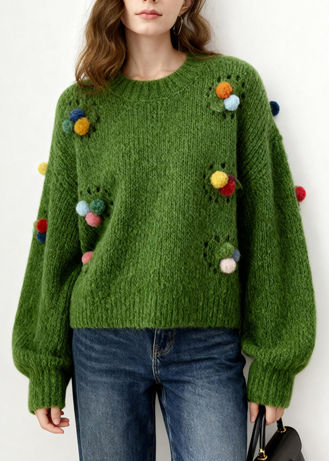 Loose Tea Green Fuzzy Ball Decorated Hollow Out Knit Pullover Winter