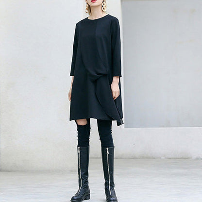 Loose Three Quarter sleeve Cotton Tunics Fun Tunic Tops black loose Dress