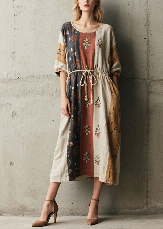 Loose Tie Waist Print Cotton Vacation Dresses Summer