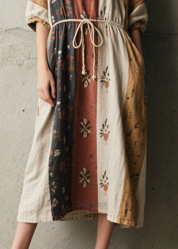 Loose Tie Waist Print Cotton Vacation Dresses Summer