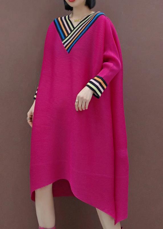 Loose V Neck Asymmetric Spring Clothes Photography Red Art Dresses - SooLinen