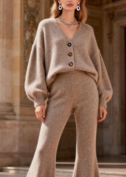 Loose V Neck Button Top And Pants Knit Two Pieces Set Spring