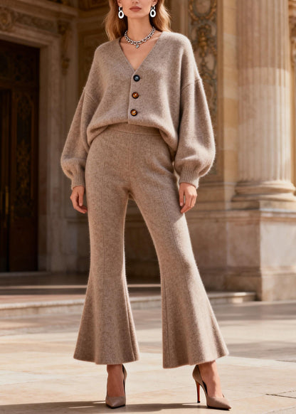Loose V Neck Button Top And Pants Knit Two Pieces Set Spring