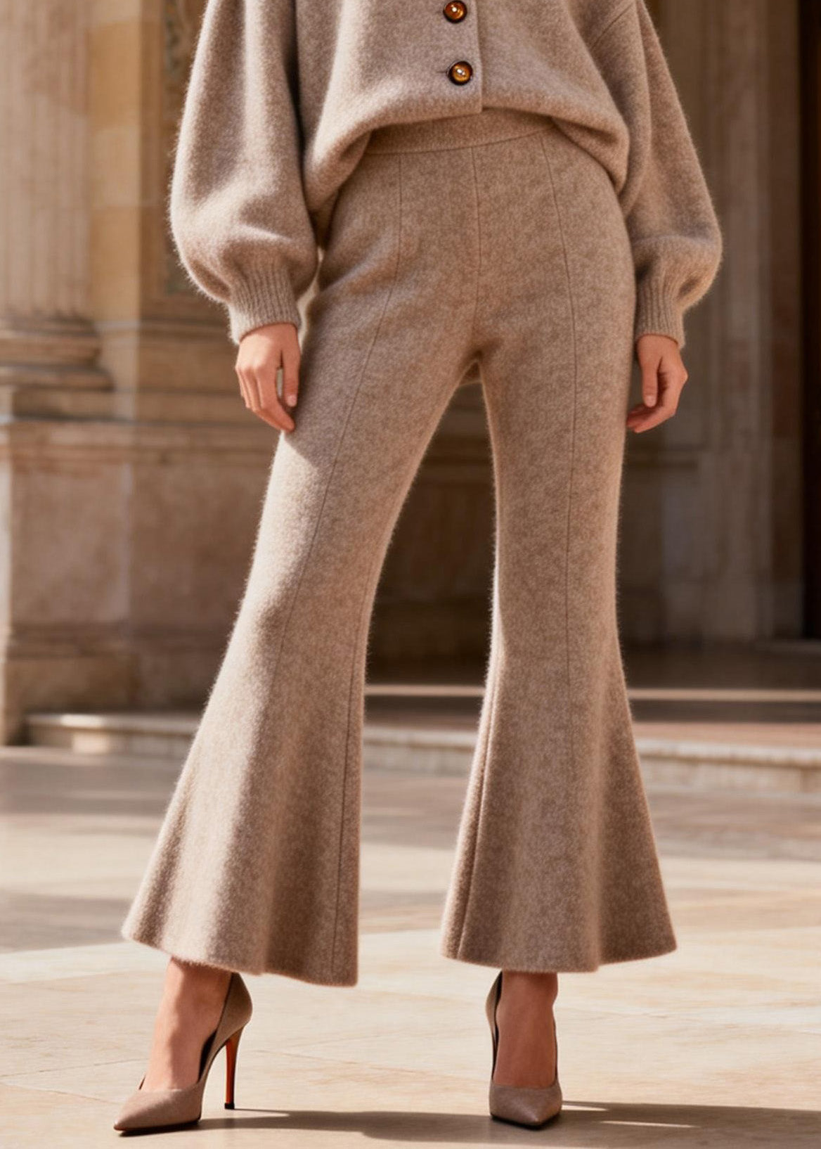 Loose V Neck Button Top And Pants Knit Two Pieces Set Spring