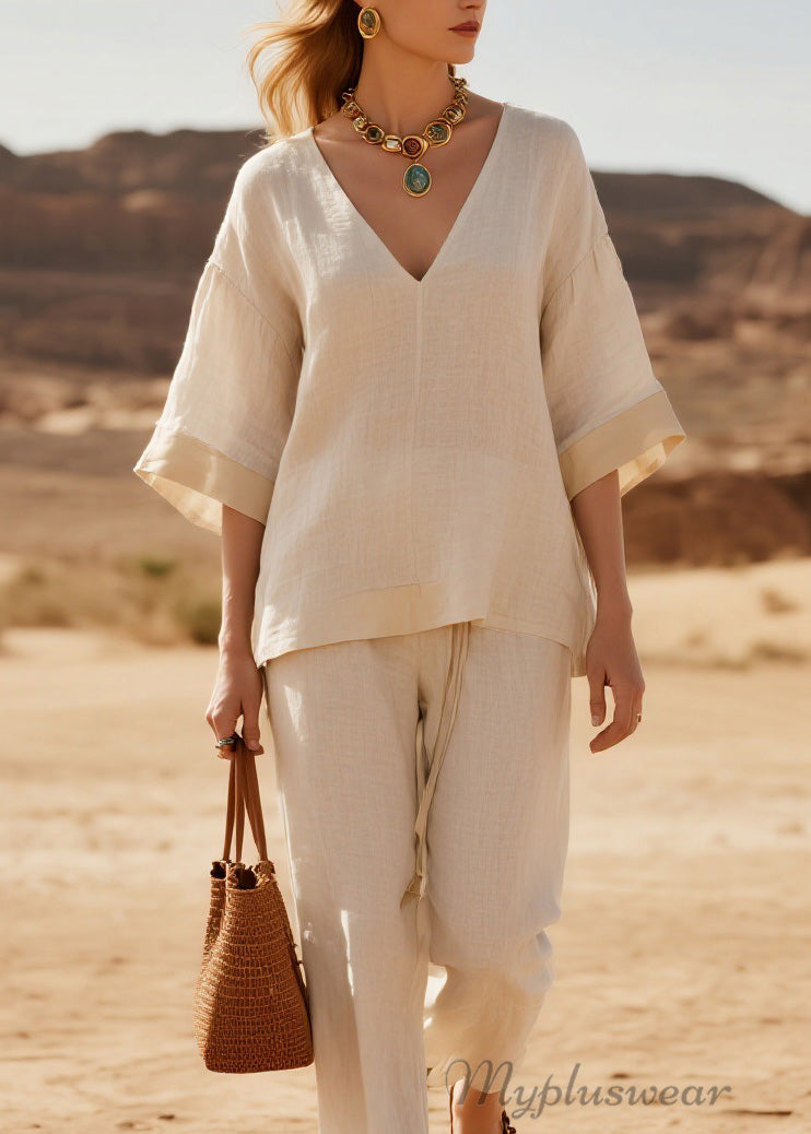 Loose V Neck Patchwork Casual Linen Two Piece Suit Set Summer