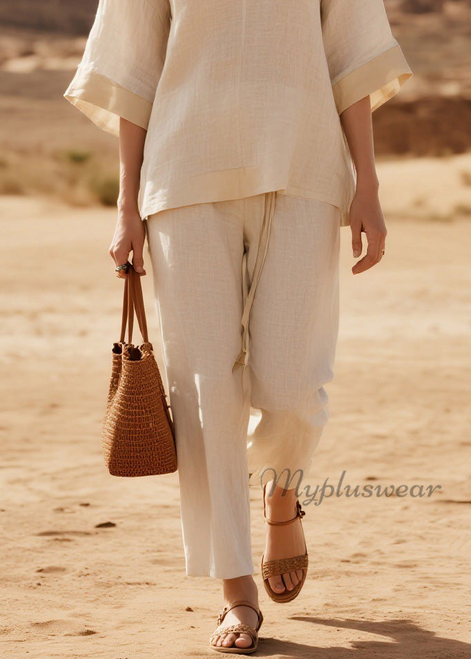 Loose V Neck Patchwork Casual Linen Two Piece Suit Set Summer
