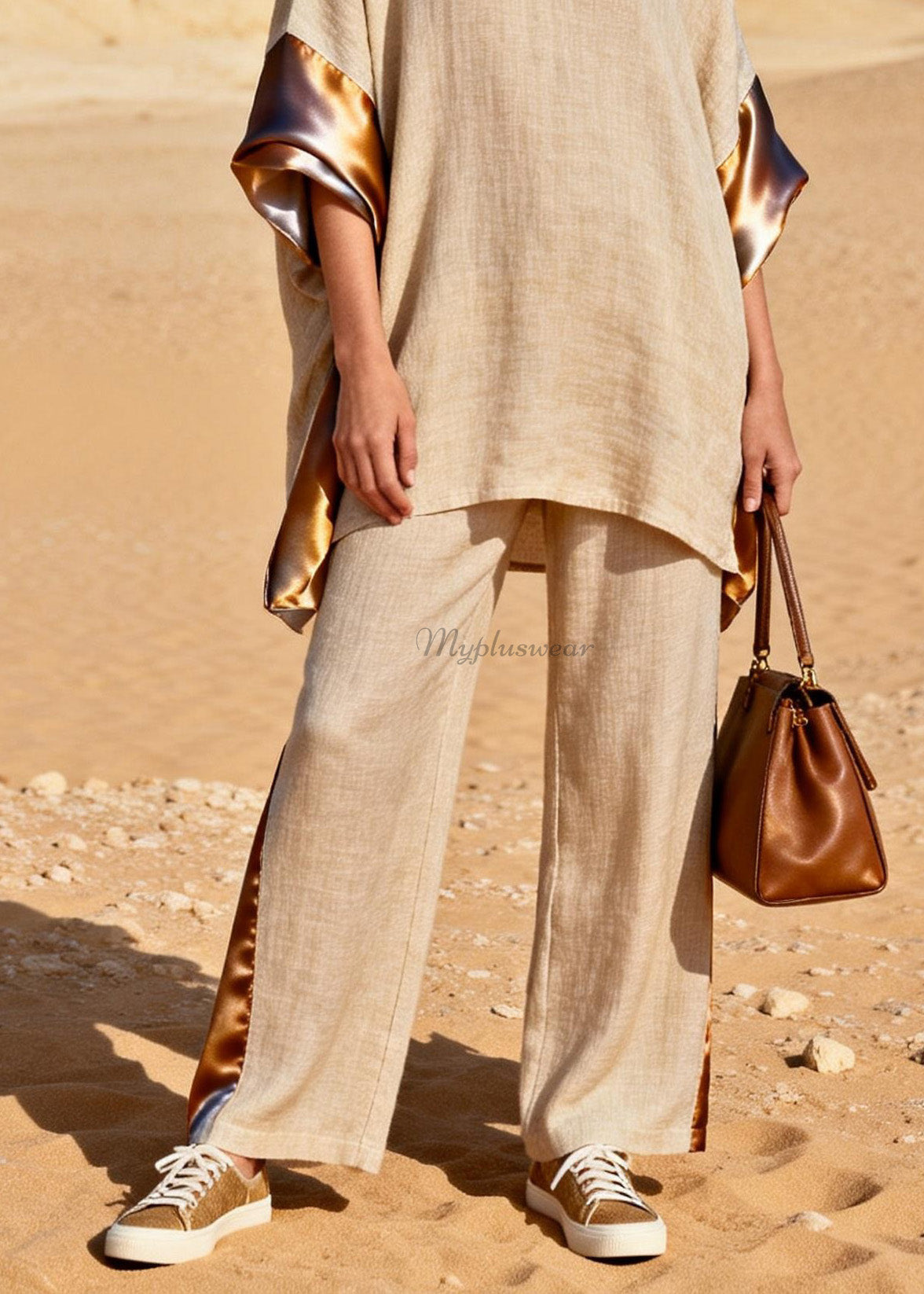 Loose V Neck Patchwork Linen Silk Two Pieces Set Summer